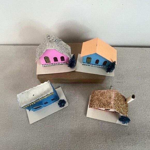 Vintage Putz Houses, Glittery Cardboard Christmas Decorations, Set Of 4,  Bottle - Picture 3 of 9